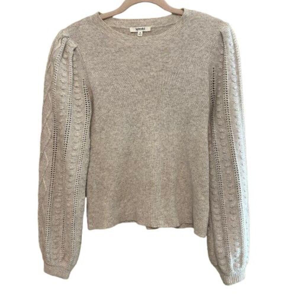 Splendid Puff Sleeve Sweater Women XS Oatmeal Beige Cable Trim Wool Cashmere